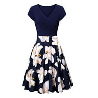 CaCommark pi слънчеви рокли за жени плюс размери Различен женски летен ежедневен флорален принт Небрежен къс ръкав V-образно рокля рокля