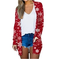 Hfyihgf Коледна жилетка за жени ежедневни лек отворен предно яке за изходни дрехи с дълъг ръкав Санта снежинка Графични върхове червено L