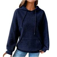 Суитчъри Жени Големи ръкави с дълги ръкави пуловер вафли плетка топла суитчър ежедневни хлабави качулки теглене на твърди дрехи с джобове синьо s