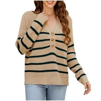 Aueoeo тромав пуловер жени, женски зимен плътен цвят бутон с дълъг ръкав v Врат пуловер кабел плетен пуловери пуловери Разхлабени туники върхове