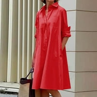 Рокли за женски клирънс, жени с дълъг ръкав джоб солидна дълга макси рокля червено 6