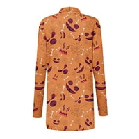 Жилетка за жени лек дълъг ръкав отворен преден ежедневен Хелоуин печат със средна дължина палто оранжево 4xl