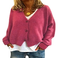 Eleluny жени v Врат Разхлабени плетени жилетка за пуловер палто копче ежедневно изстрелване Роза червен XL