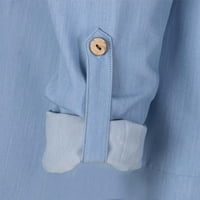 Женски v ризи за шия деним бутон с дълъг ръкав надолу офис ежедневен бизнес яка блузи работни върхове Жан яке
