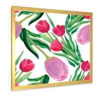 Дизайнарт 'Цъфтят Красиви Розови Лалета Цветя На Бяло' Традиционна Рамка Арт Принт