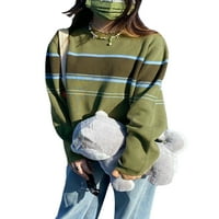 Жени раирани пуловер, дълъг ръкав кръгла шия еластична топла ежедневна улична улица, зелено