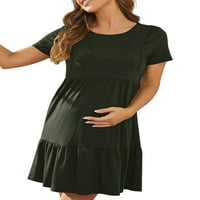Келаджуан бременна женска рокля, твърд цвят къса ръкав кръгла шия двоен слой рокля за кърмене