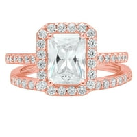 2. CT Emerald Cut Истински култивиран диамант Si1-Si I-J 14K Rose Gold Halo годежен сватбен булчински комплект Дизайнер Пръстен Bw W Set W Crystal Side Stones Размер 4.5