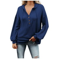 Pgeraug дамски есен моден солиден бутон за теглене на пуловер върхове качулки за мъже тъмно синьо m