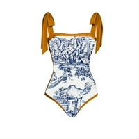 Caveitl жени бикини, женски винтидж отпечатани бански костюми Консервативни бански костюми Женски отпечатан плажен пола Жълто