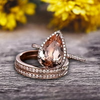 Milgrain Art Deco Trio Set Carat Morganite годежен пръстен на 10K роза златна круша форма Gemstone Halo Ring със съвпадаща лента изненадващо пръстен