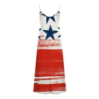 Жените Слинг тънък Макси рокля клирънс без ръкави модерен американски флаг отпечатани лято в врата рокля Ден на независимостта риза Червен М