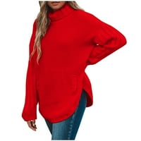 Wavsuf пуловери за жени за жени Лек клирънс Небрежен висок врат пачуърк зима червени пуловери размер m
