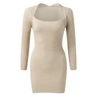 Ефектно Летни рокли Дамски дълъг ръкав тънък квадрат врата плетена пуловер рокля