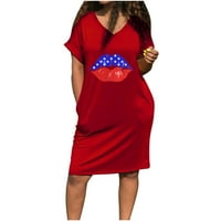 Одеерби 4-ти юли патриотична лятна рокля за жени ежедневни Мода къс ръкав В-деколте рокля с джоб червено
