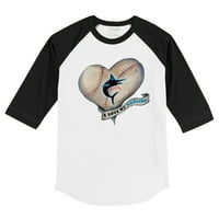 Младежки мъничко бяло черно Маями Марлинс Сърдечно банер 3 4-ръкав тениска Raglan