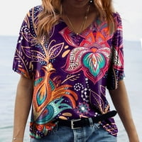 Дамски блузи ежедневни разхлабени цветни модни В деколте с къс ръкав Дамски летни блузи лилави 2хл