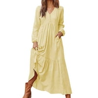 Manxivoo дамски рокли есенни дамски бутон памук ретро ежедневна рокля с дълъг ръкав лятна рокля жълта