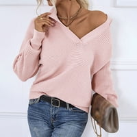 Daznico пуловери за жени жена мода солиден цвят v шия с дълъг ръкав плетен пуловер балон ръкав пуловер Топ розов XL