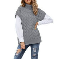 SNGXGN Жени цветен блок пуловер пуловер с дълъг ръкав оребрена плетена удобен пуловер пуловер големи пуловери за жени, сиво, размер l