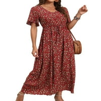 TRCOMPARE Дамски бохо Midi флорална рокля Лятна къса ръкав Long Beach Sundress-3Reds
