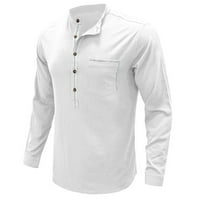 Мъжки ленени ризи бутон Стойка яка Дълъг ръкав пуловер блуза върхове твърди ежедневни хлабав годни ризи с джоб