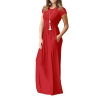 Дамски моден градиент Принт с къс ръкав джобове спагети Макси рокля, Червено, ШЛ
