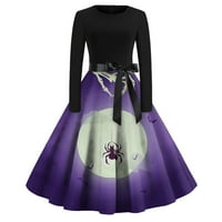Хелоуин печат рокля за есенни рокли за женски ежедневни рокли рокли с дълъг ръкав кухи парти ежедневни рокли светло лилаво m