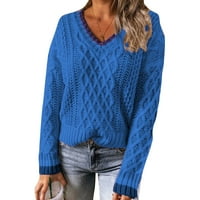 PEDORT жени Небрежни есенни пуловери с дълъг ръкав Разхлабени Хенли върхове пуловер плетен джъмпер синьо, s