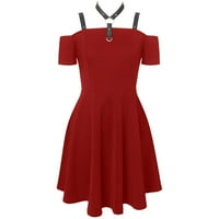Винтидж готически рокли за стимпанк за жени студено рамо късо ръкав, рокля от солиден цвят a-line party рокля червен xxl
