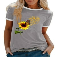 Плюс размер жени слънчоглед печат с къс ръкав тениска лятото случайни блуза върхове