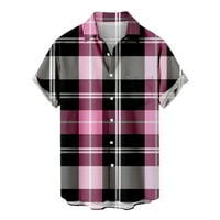 Мъжки ежедневни бутони с тениски за летни карирани тениски с къси ръкави блуза v Врат леки върхове Дишащи тениски розови xxl