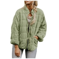 Женска модна масивна цветова стойка яка памучно яке свободен джоб джобно палто с дълъг ръкав е зелено