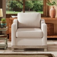 Стол за акцент с гумена дървена основа, съвременен стол с един диван с дървени крака и мека подложена, удобна ленена тъкан кресло с облегалка за хол апартамент офис, бежово