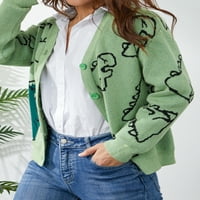 Sunisery жени сладък жилетка динозавър печат с дълъг ръкав плетени пуловери y2k бутон свободен връх