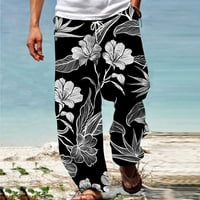 Aoujea Men Summer Savual Fashion Hawaiian Style 3D Печат Еластична талия Прави панталони дълги панталони Редовно прилягане, леки панталони на хлабина
