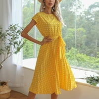 Gotyou Fashion Ressions Женска пролетна модна плисирана рокля от средна дължина къса ръкав кръгла шия полка точка плисирана рокля жълта m