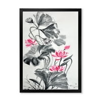 Дизайнарт 'Розово винтидж лотосово цвете и монохромни листа' традиционен Арт Принт в рамка