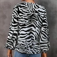 Спестяване на женската модна зебра отпечатана блуза свободна тениска фенер с дълги ръкави предни възел Крис кръст V-образно деколте ежедневни върхове черни xxl