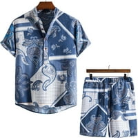 Ecqkame Мъжки случайни хавайски риза и къси костюми Просверие мъже Небрежни бутони за обръщане на флорални пуловерни ленти с късо ръкав блуза и панталони костюм син xxl