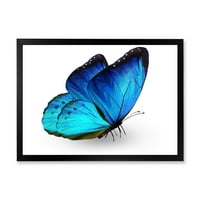 Дизайнарт 'Близък План На Жива Синя Пеперуда Върху Бяло' Модерен Арт Принт В Рамка