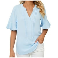 Върхове за ръкави за ръкави за жени ежедневни v врати летни тениски модерни солидни цветове основни тийнейджъри риза женски сладък древен елегантна блуза синя l