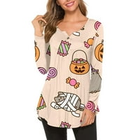 Feternal Women's Fashion Casual Long Dongleve Halloween Buttons Print Round-Dect Pullover Top Blouse