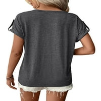 Frontwalk Women Button Up Blouse върхове Небрежни тениски за шия на шията Лято свободен къс ръкав туника върхове плисирани предни ризи на Хенли тъмно сиво 4xl
