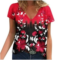 Клирънс дамски върхове Лято v-образно деколте флорални принт женски блузи ризи червени 2xl