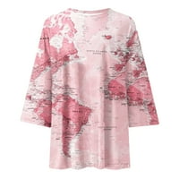 Дамски модни печатни хлабав тениска средата Дължина ръкави блуза кръг врата ежедневни върхове Розово л