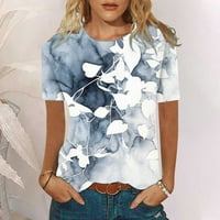 Ловску летни блузи за жени модни блузи Флорални печатни ризи с къс ръкав кръгли шия свободна блуза тениска сива