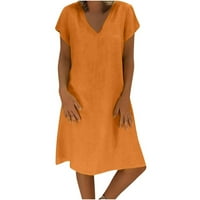 Odeerbi Summer Cotton Linen Ressions for Women Fashion Lavual Loose Rask Solid V-Neck с късо ръкав рокля оранжево