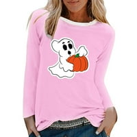 Tdoqot Хелоуин ризи за жени- Ghost Graphic плюс размер Crew Neck Fall дълъг ръкав Небрежен сладък тениска розов размер l