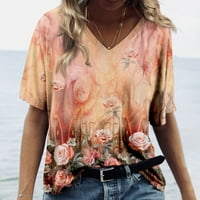 Elneeya Лятна тениска за жени Креми за печат на цветя за жени ежедневни модни дамски дрехи оранжево xxl